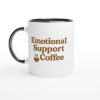 Vit mugg med brun text “Emotional Support Coffee” och hjärtikon – rolig kaffemugg med tryck för kaffeälskare