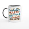 Färgglad mugg med texten “Innehåller kaffe, te eller tappade maskor” – perfekt present till stickare och teälskare