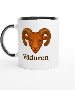 Vit mugg med illustration av en bagge och texten “Väduren” – mugg med tryck för stjärntecknet Väduren