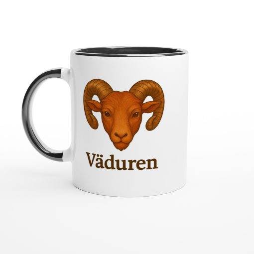 Vit mugg med illustration av en bagge och texten “Väduren” – mugg med tryck för stjärntecknet Väduren
