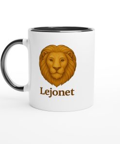 Vit mugg med illustration av ett lejonhuvud och texten “Lejonet” – mugg med tryck för stjärntecknet Lejonet