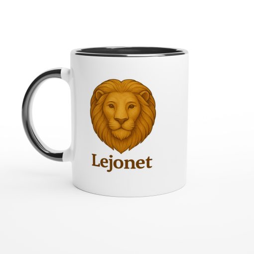 Vit mugg med illustration av ett lejonhuvud och texten “Lejonet” – mugg med tryck för stjärntecknet Lejonet