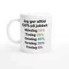 Vit mugg med texten “Jag ger alltid 100% på jobbet” och färgglad veckouppdelning – rolig mugg med tryck för kontoret