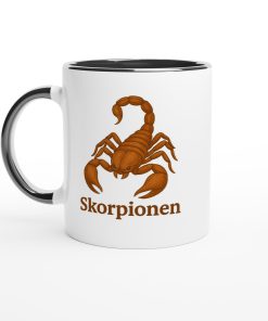 Vit mugg med illustration av en skorpion och texten “Skorpionen” – mugg med tryck för stjärntecknet Skorpionen