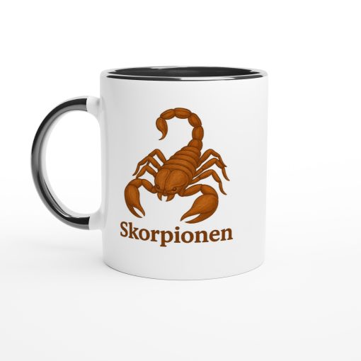 Vit mugg med illustration av en skorpion och texten “Skorpionen” – mugg med tryck för stjärntecknet Skorpionen