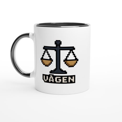 Vit mugg med pixelgrafik av vågskål och texten “Vågen” – rolig mugg med tryck i retrostil för stjärntecknet Vågen