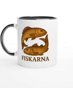 Vit mugg med illustration av två fiskar och texten “Fiskarna” – mugg med tryck för stjärntecknet Fiskarna