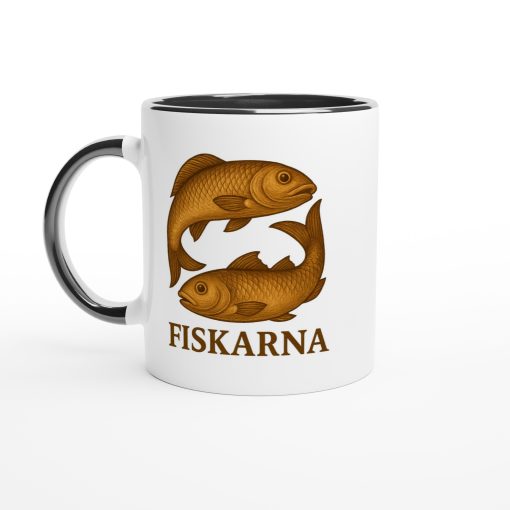 Vit mugg med illustration av två fiskar och texten “Fiskarna” – mugg med tryck för stjärntecknet Fiskarna