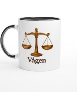 Vit mugg med illustration av vågskålar och texten “Vågen” – stilren mugg med tryck för stjärntecknet Vågen