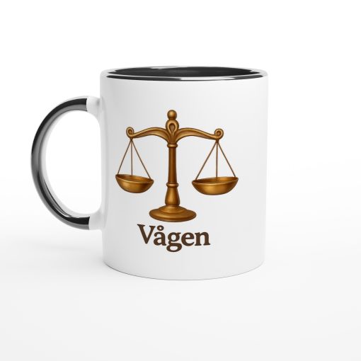 Vit mugg med illustration av vågskålar och texten “Vågen” – stilren mugg med tryck för stjärntecknet Vågen