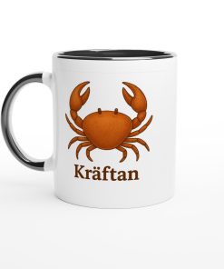 Vit mugg med illustration av en krabba och texten “Kräftan” – mugg med tryck för stjärntecknet Kräftan (Cancer)