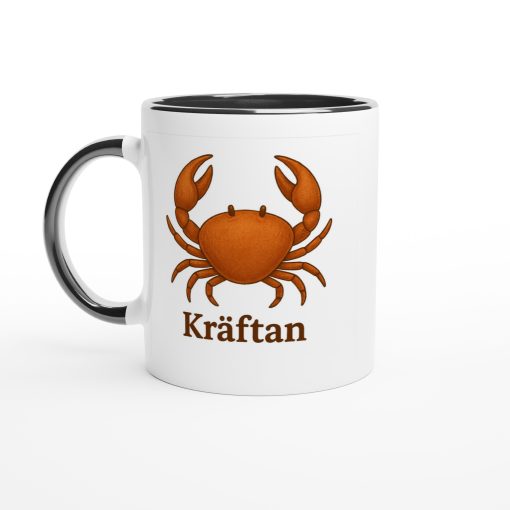 Vit mugg med illustration av en krabba och texten “Kräftan” – mugg med tryck för stjärntecknet Kräftan (Cancer)