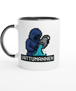 Vit mugg med pixelgrafik av huvad vattenbärare och texten “Vattumannen” – retroinspirerad mugg med tryck för stjärntecknet Vattumannen