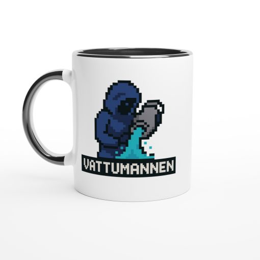 Vit mugg med pixelgrafik av huvad vattenbärare och texten “Vattumannen” – retroinspirerad mugg med tryck för stjärntecknet Vattumannen