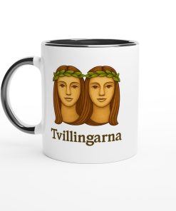 Vit mugg med illustration av två tvillingfigurer och texten “Tvillingarna” – mugg med tryck för stjärntecknet Tvillingarna