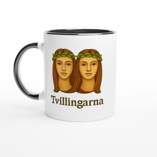 Vit mugg med illustration av två tvillingfigurer och texten “Tvillingarna” – mugg med tryck för stjärntecknet Tvillingarna