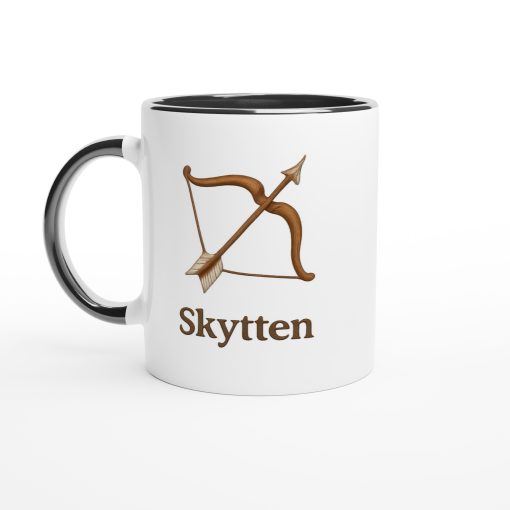 Vit mugg med motiv av pil och båge samt texten “Skytten” – mugg med tryck för stjärntecknet Skytten