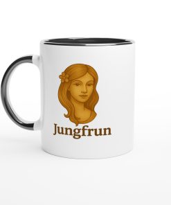 Vit mugg med illustration av en kvinna och texten “Jungfrun” – mugg med tryck för stjärntecknet Jungfrun
