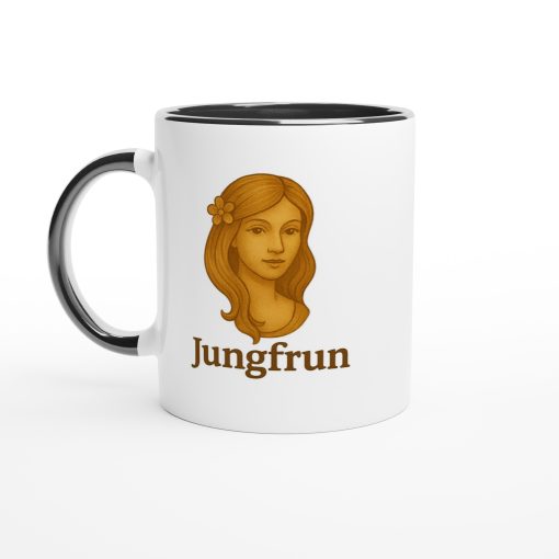 Vit mugg med illustration av en kvinna och texten “Jungfrun” – mugg med tryck för stjärntecknet Jungfrun