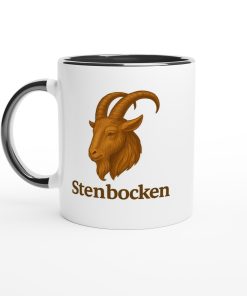 Vit mugg med illustration av en bock och texten “Stenbocken” – mugg med tryck för stjärntecknet Stenbocken