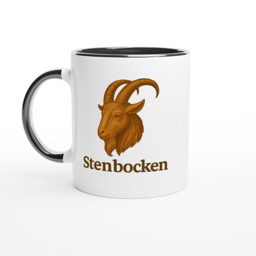 Vit mugg med illustration av en bock och texten “Stenbocken” – mugg med tryck för stjärntecknet Stenbocken