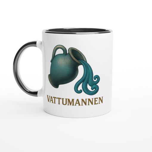 Vit mugg med illustration av vattenkruka och texten “Vattumannen” – mugg med tryck för stjärntecknet Vattumannen