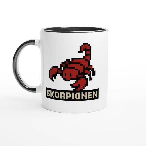 Vit mugg med pixelgrafik av röd skorpion och texten “Skorpionen” – rolig mugg med tryck i retrostil för stjärntecknet Skorpionen