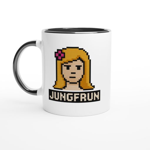 Vit mugg med pixelgrafik av blond figur med blomma och texten “Jungfrun” – rolig mugg med tryck för stjärntecknet Jungfrun i retrostil