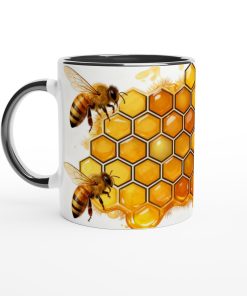 Rolig mugg med bin och honungskakor i gult och orange, vit med svart handtag – perfekt present till naturälskare