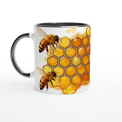 Rolig mugg med bin och honungskakor i gult och orange, vit med svart handtag – perfekt present till naturälskare