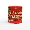 Röd mugg med texten "I Love Christmas", snöflingor, julgran och presenter – perfekt julmugg med tryck
